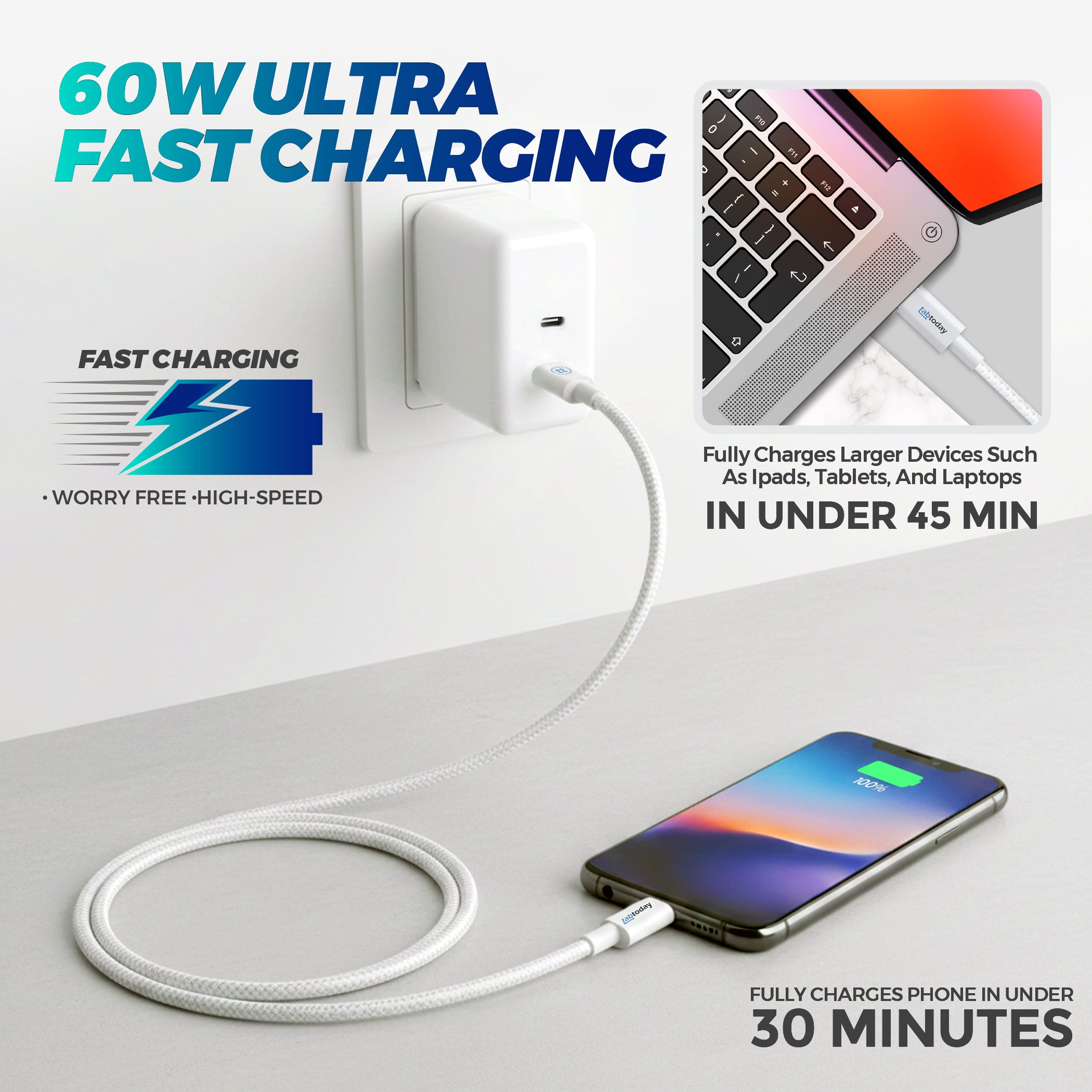 tabtoday 6ft USB-C to USB-C Charging Cable - White