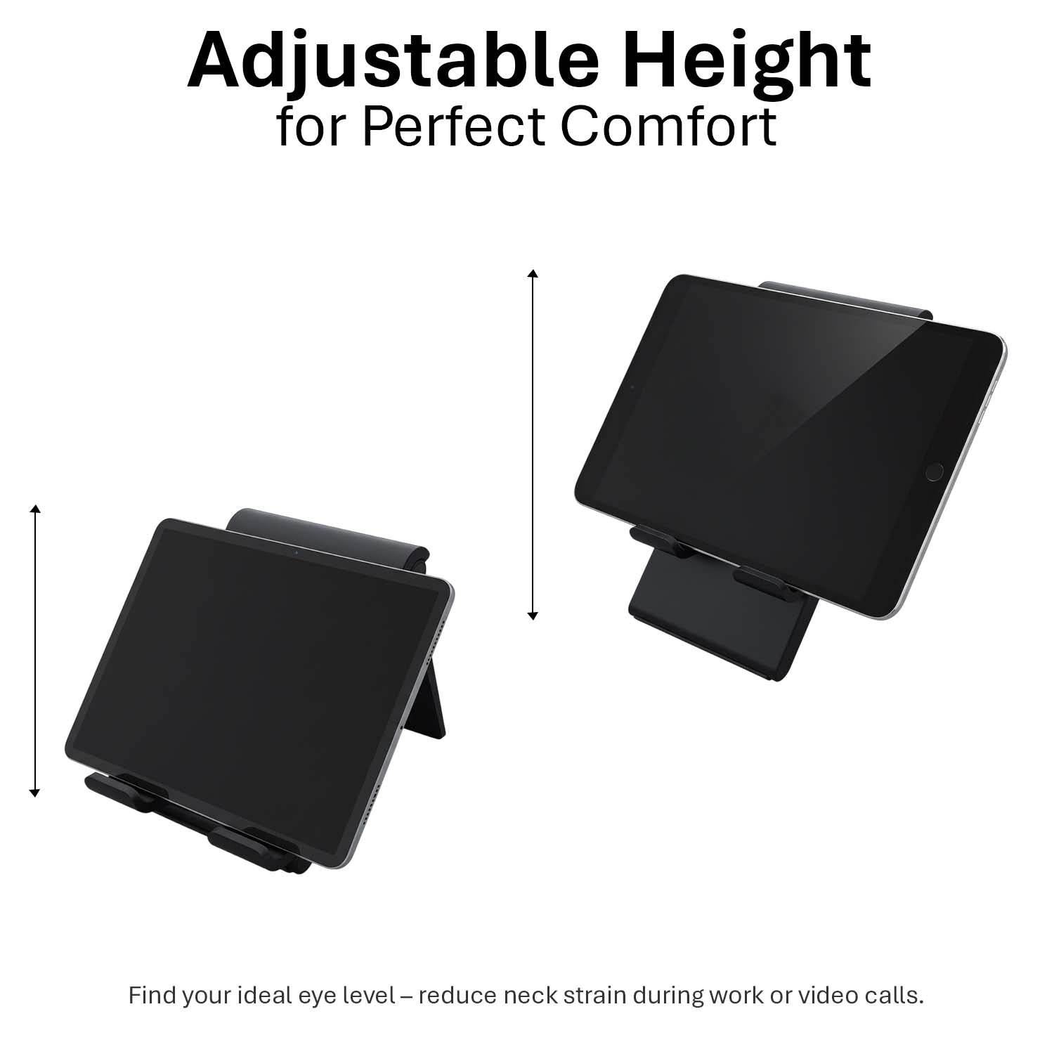 tabtoday Tablet Stand, Adjustable Height, Portable Tablet Holder for Desk, Multi-Angle, Silicone Grip - Black