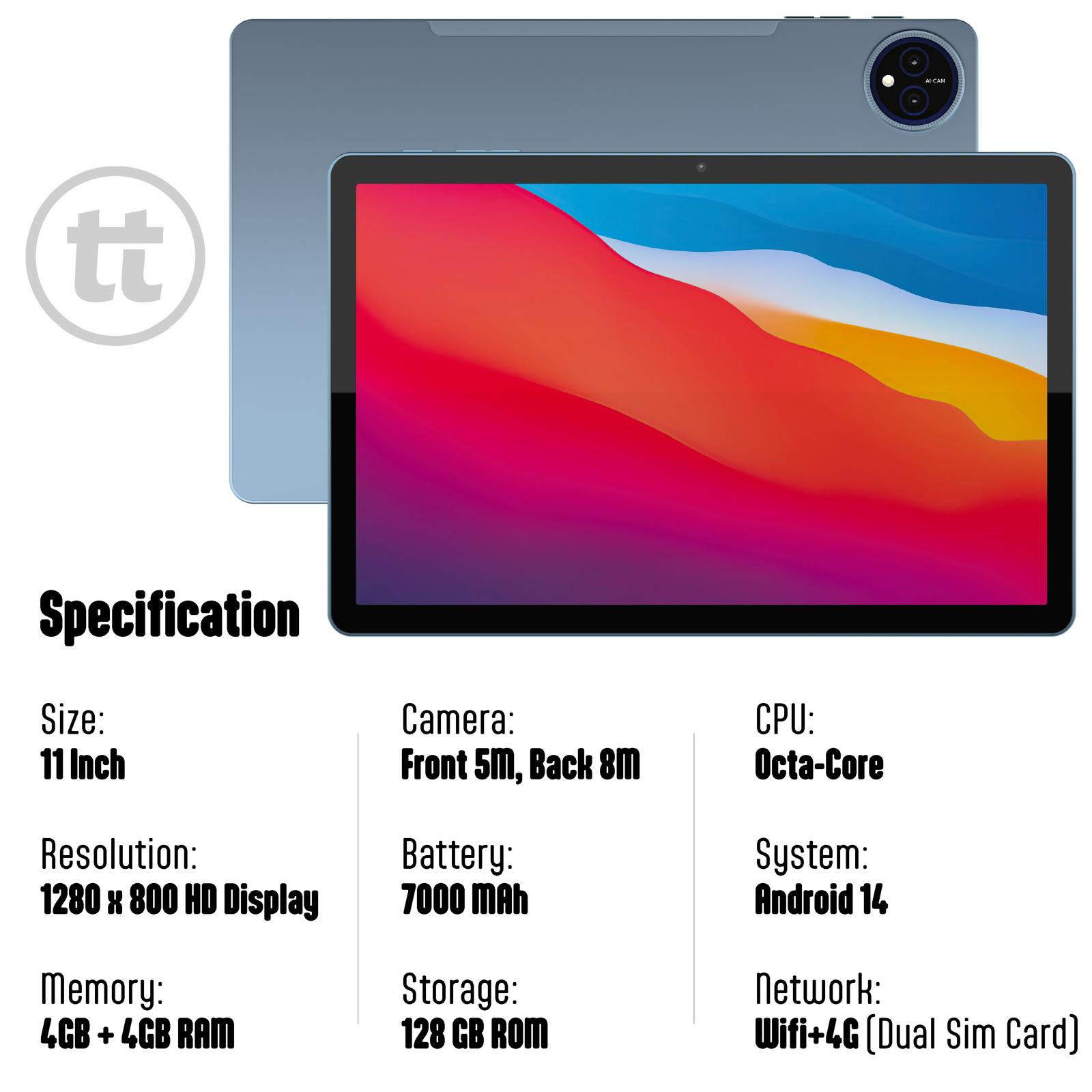 tabtoday 11 inch Tablet with Case, Android 14, Octa-Core Processor 128GB ROM - Blue