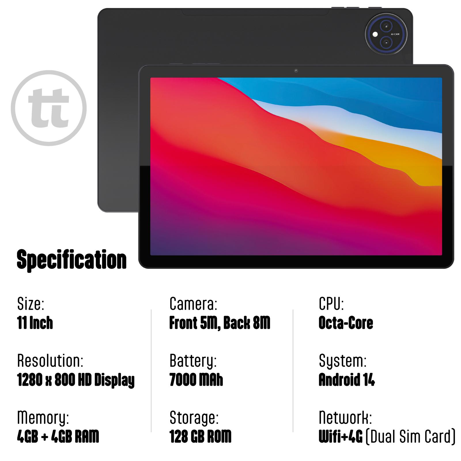 tabtoday 11 inch Tablet with Case, Android 14, Octa-Core Processor 128GB ROM - Black