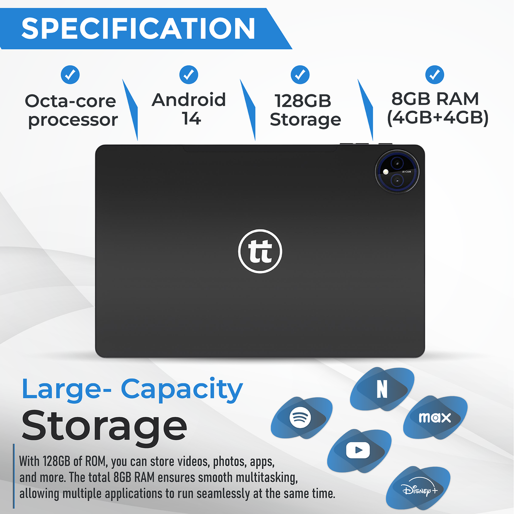 tabtoday 11 inch Tablet with Case, Android 14, Octa-Core Processor 128GB ROM - Black