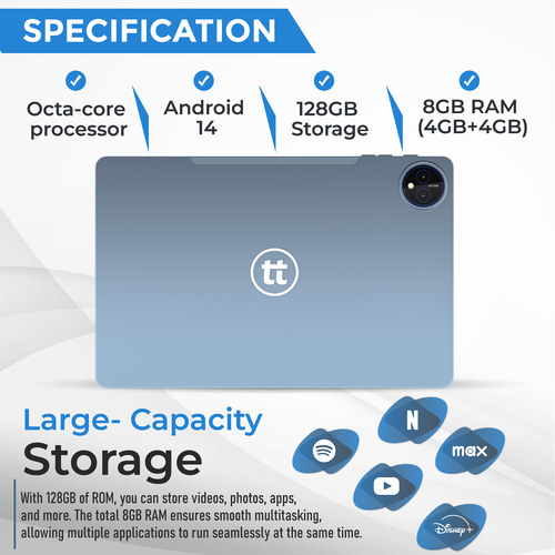 tabtoday 11 inch Tablet with Case, Android 14, Octa-Core Processor 128GB ROM - Blue